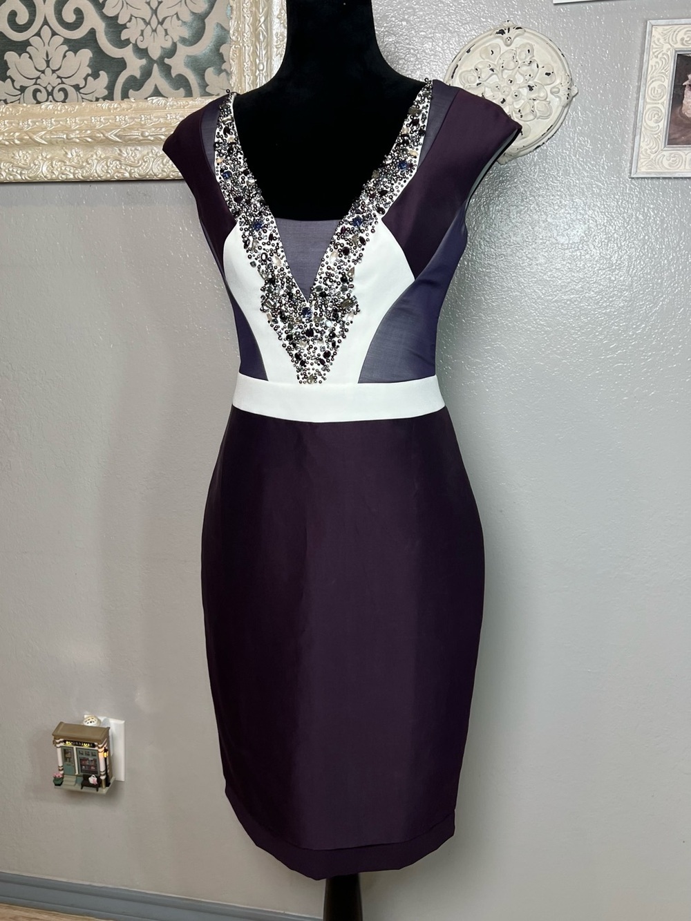 Reiss Purple and White Embellished V-Neck Sheath Dress